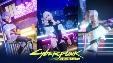 คอสเพลย์ Lucy จาก Cyberpunk: Edgerunners ในฉากแสงนีออนตระการตา