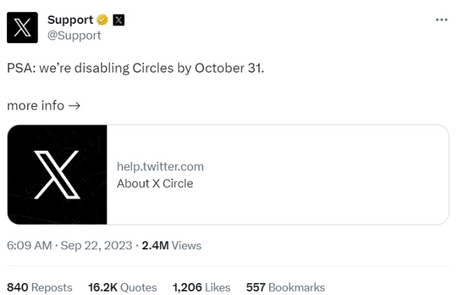X ประกาศยกเลิการใช้งานฟีเจอร์ Circle