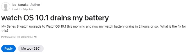 ผู้ใช้งาน Apple Watch หลายรายพบปัญหาแบตเตอรี่หมดเร็วผิดปกติหลังอัปเดต watchOS 10.1 2 ผู้ใช้งาน Apple Watch หลายรายพบปัญหาแบตเตอรี่หมดเร็วผิดปกติหลังอัปเดต watchOS 10.1