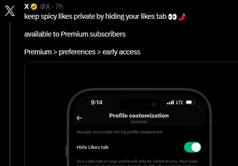 X ปล่อยฟีเจอร์ซ่อนการกดถูกใจให้กับสมาชิก Premium ใช้งาน 2 X ปล่อยฟีเจอร์ซ่อนการกดถูกใจให้กับสมาชิก Premium ใช้งาน