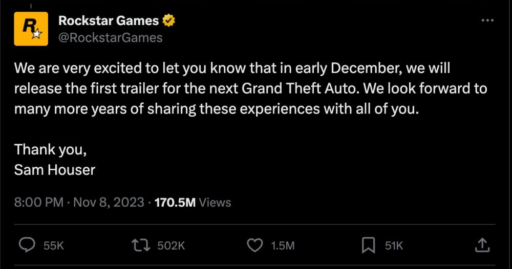 ทวีตประกาศเปิดตัว GTA ภาคใหม่มีผู้กด Like สูงสุดในหมวดวิดีโอเกม 2 ทวีตประกาศเปิดตัว GTA ภาคใหม่มีผู้กด Like สูงสุดในหมวดวิดีโอเกม