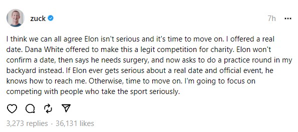 Mark Zuckerberg เผยได้เวลามูฟออนจากการสู้กับ Elon Musk แล้ว 2 Mark Zuckerberg เผยได้เวลามูฟออนจากการสู้กับ Elon Musk แล้ว