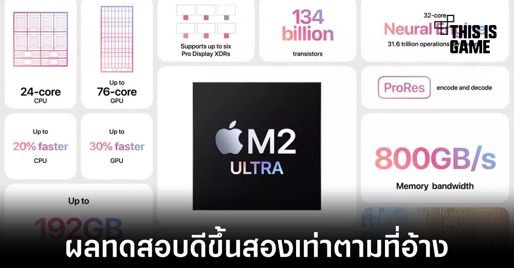 Apple M2 Ultra มีประสิทธิภาพเป็นสองเท่าเมื่อเทียบกับ M2 Max 1 Apple M2 Ultra มีประสิทธิภาพเป็นสองเท่าเมื่อเทียบกับ M2 Max