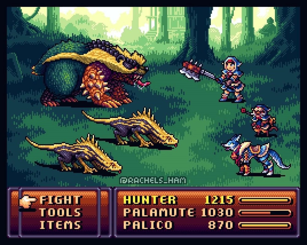 ภาพแฟนอาร์ต 'Monster Hunter Rise เวอร์ชั่นเกม RPG 2D Pixel' 2 Monster Hunter RPG 2D Pixel Fanart 1