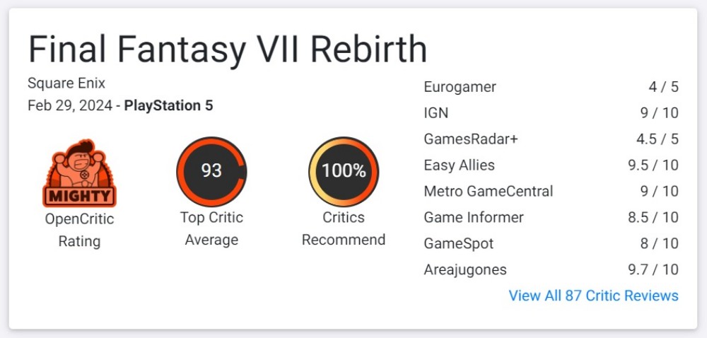 รวมคะแนนรีวิวจากสื่อนอกเกม Final Fantasy VII Rebirth 2 Final Fantasy VII Rebirth Review Score 1