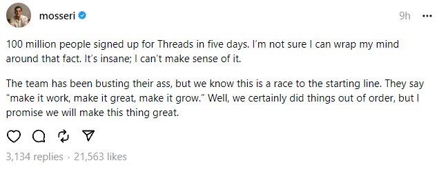 Adam Mosseri กังวลการเติบโตที่เร็วจนเกินไปของ Threads 2 Adam Mosseri กังวลการเติบโตที่เร็วจนเกินไปของ Threads