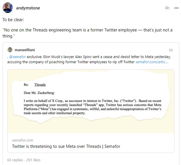 Twitter กำลังพิจารณาการยื่นฟ้องร้องต่อ Meta สำหรับแอปใหม่ Threads 2 Twitter กำลังพิจารณาการยื่นฟ้องร้องต่อ Meta สำหรับแอปใหม่ Threads