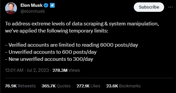 Elon Musk ประกาศ Twitter จำกัดการอ่านทวีตต่อวัน 2 Elon Musk ประกาศ Twitter จำกัดการอ่านทวีตต่อวัน