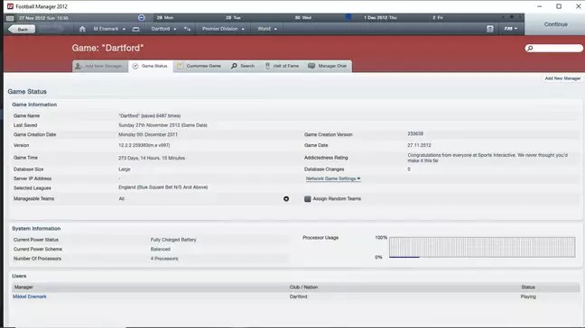 พบผู้เล่น Football Manager 2012 โดยใช้เวลาเล่นจริงไปกว่า 273 วัน