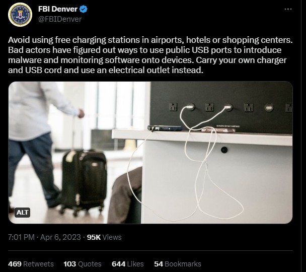 FBI แนะนำให้เลี่ยงการชาร์จผ่านพอร์ต USB ในสถานีชาร์จสาธารณะ 2 FBI แนะนำให้เลี่ยงการชาร์จผ่านพอร์ต USB ในสถานีชาร์จสาธารณะ