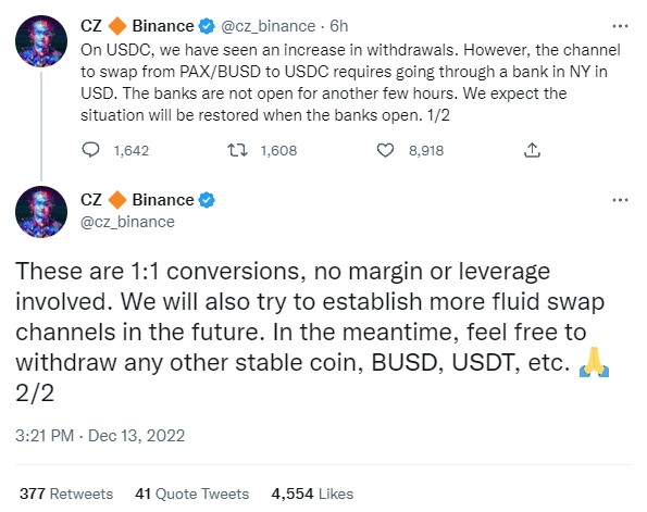 Binance ระงับการถอนเหรียญ $USDC ชั่วคราว 2 Binance ระงับการถอนเหรียญ $USDC ชั่วคราว