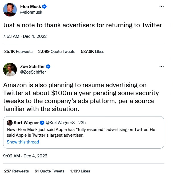 บริษัทยักษ์ใหญ่เริ่มกลับมาลงโฆษณาใน Twitter อีกครั้ง 2 บริษัทยักษ์ใหญ่เริ่มกลับมาลงโฆษณาใน Twitter อีกครั้ง