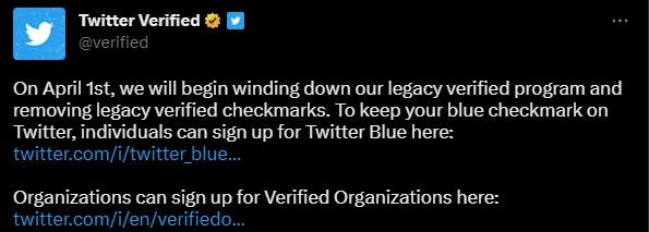Twitter เตรียมยกเลิกเครื่องหมายติ้กถูกสีฟ้าของเดิมก่อนที่จะมีบริการ Twitter Blue 2 Twitter เตรียมยกเลิกเครื่องหมายติ้กถูกสีฟ้าของเดิมก่อนที่จะมีบริการ Twitter Blue