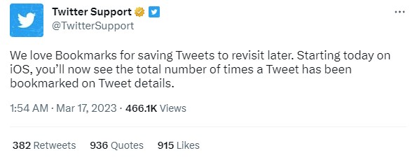Twitter เพิ่มค่า Bookmark ตัวเลขสถิติใหม่