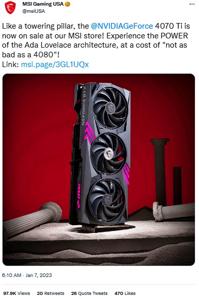 MSI แนะนำผู้ที่ไม่อยากจ่ายแพงเลือก RTX 4070 Ti แทน RTX 4080 2 MSI แนะนำผู้ที่ไม่อยากจ่ายแพงเลือก RTX 4070 Ti แทน RTX 4080
