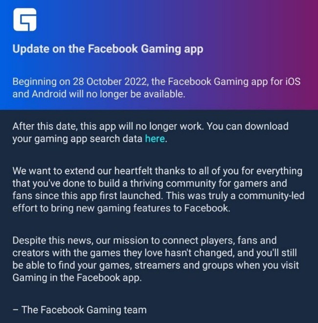 แอปพลิเคชัน Facebook Gaming สำหรับมือถือเตรียมปิดตัวในอีกไม่ช้า 2 แอปพลิเคชัน Facebook Gaming สำหรับมือถือเตรียมปิดตัวในอีกไม่ช้า