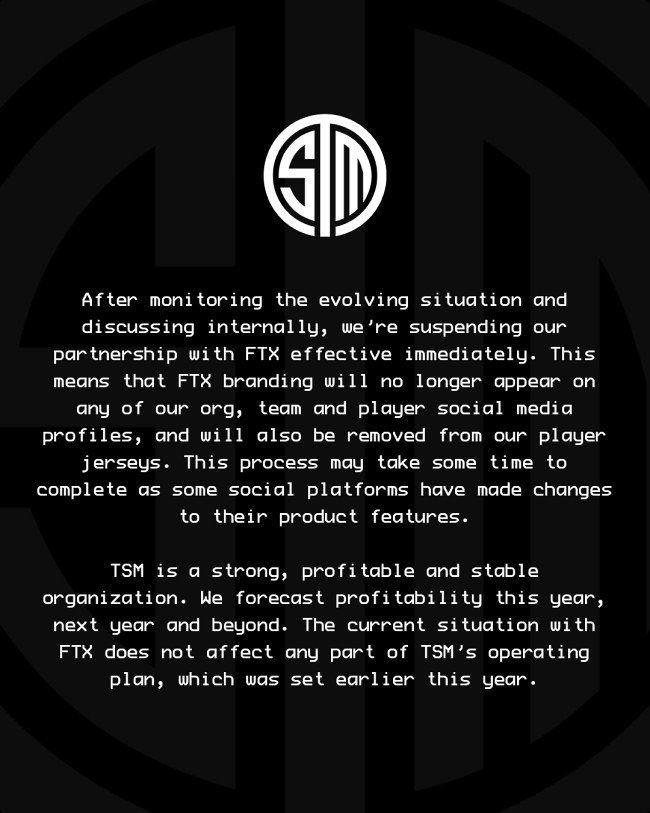 TSM ทีม eSports ชื่อดังยกเลิกความร่วมมือกับ FTX แล้ว