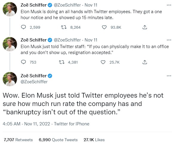 Elon Musk แจ้งพนักงานว่า Twitter มีโอกาสที่จะล้มละลาย 2 Elon Musk แจ้งพนักงานว่า Twitter มีโอกาสที่จะล้มละลาย