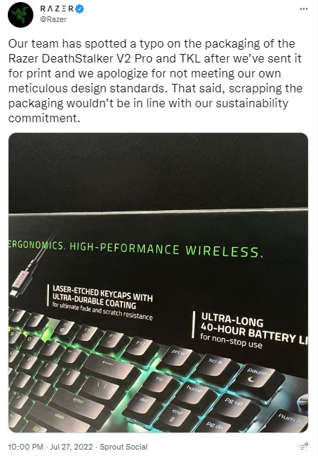 Razer ออกมาขอโทษหลังพิมพ์ข้อความผิดบนกล่อง