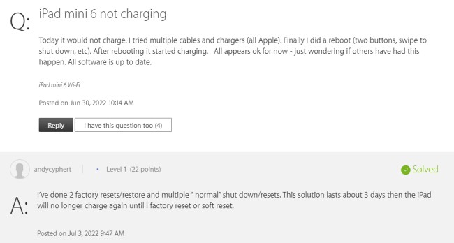ผู้ใช้งาน iPad mini 6 พบปัญหาชาร์จแบตไม่เข้าหลังอัปเดต iPadOS 15.5 2 ผู้ใช้งาน iPad mini 6 พบปัญหาชาร์จแบตไม่เข้าหลังอัปเดต iPadOS 15.5