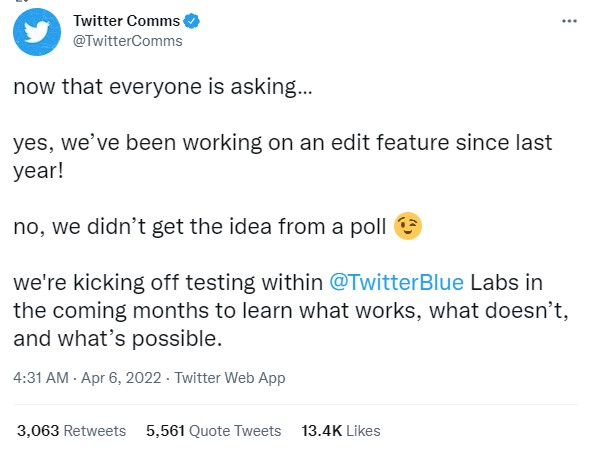 Twitter จะเปิดทดสอบฟีเจอร์แก้ไขทวีตสำหรับสมาชิก Twitter Blue 2 Twitter จะเปิดทดสอบฟีเจอร์แก้ไขทวีตสำหรับสมาชิก Twitter Blue