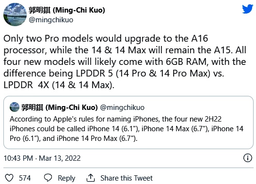 iPhone 14 อาจเป็นรุ่นแรกที่ใช้งานชิปเซ็ตต่างกันในแต่ละรุ่นย่อย 2 iPhone 14 อาจเป็นรุ่นแรกที่ใช้งานชิปเซ็ตต่างกันในแต่ละรุ่นย่อย