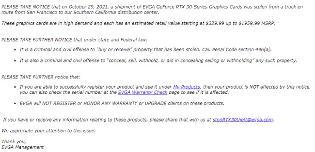 EVGA ยืนยันรถบรรทุกการ์ดจอถูกขโมยไปในระหว่างการขนส่ง