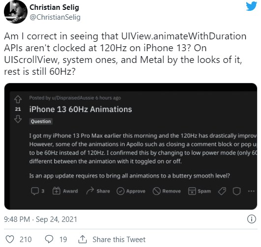 พบปัญหาการแสดงผลจอ 120Hz ของ iPhone 13 Pro/Pro Max ถูกจำกัดเอาไว้ที่ 60Hz ในแอปพลิเคชันหลายตัว 2 พบปัญหาการแสดงผลจอ 120Hz ของ iPhone 13 Pro/Pro Max ถูกจำกัดเอาไว้ที่ 60Hz ในแอปพลิเคชันหลายตัว