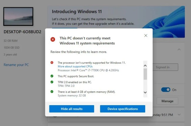 เครื่องที่ไม่รองรับการใช้งาน Windows 11 หากอัปเดตแล้วต้องรับความเสี่ยงกันเอง