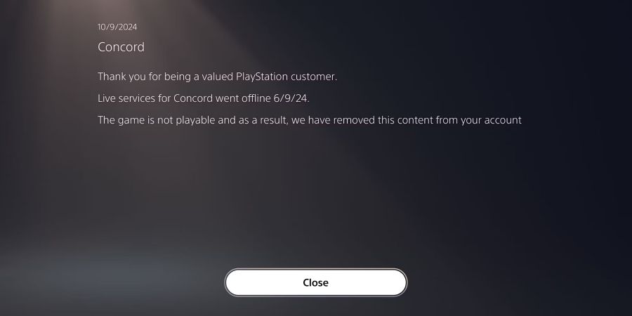 Concord Removed From PSN Accounts