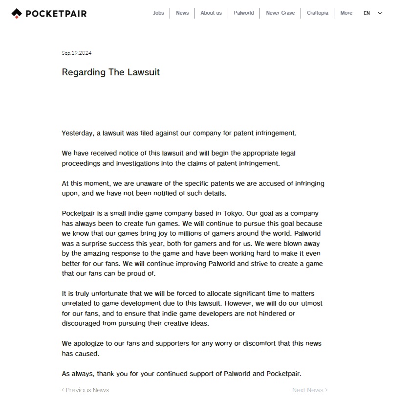 ผู้พัฒนา Palworld ออกแถลงหลังโดน Nintendo ฟ้อง 2 Palworld Devs Respond to Nintendo Lawsuit