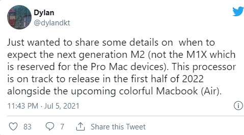 ชิปเซ็ต M2 อาจถูกนำไปใช้งานใน MacBook Air 2022