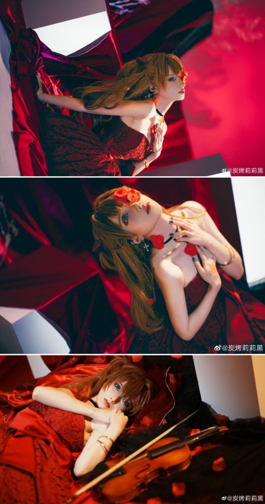 คอสเพลย์ Asuka จาก Evangelion ในชุดเดรสสีแดงสด