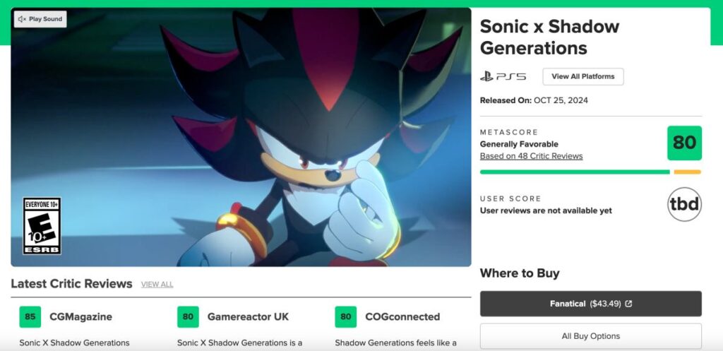 ขนลุก! เปิดโผคะแนน Metacritic ชุดแรก Sonic X Shadow Generations จากสื่อนอก 2 Sonic X Shadow Generations คะแนนรีวิว