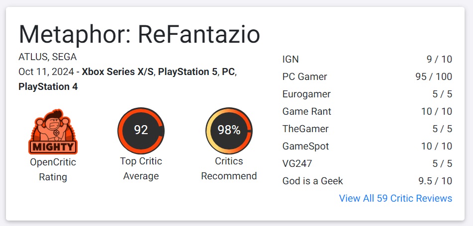 รวมคะแนนรีวิว Metaphor: ReFantazio จากสื่อนอก 2 Metaphor: ReFantazio Opencritic Score