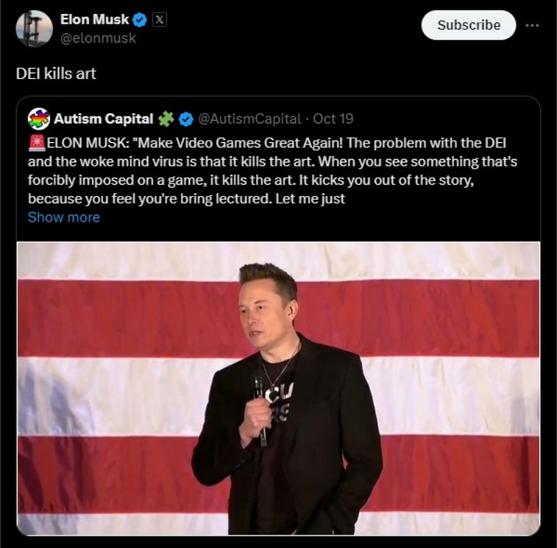Elon Musk จวก 'DEI และ Woke เป็นตัวร้ายทำลายศิลปะ' ในวงการเกม 2 Musk Slams DEI