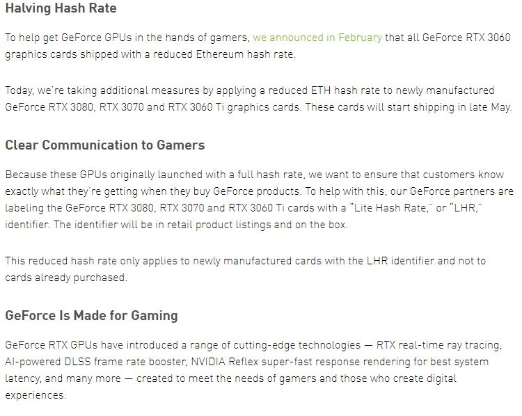 NVIDIA ยืนยันการ์ดจอ RTX 30 รุ่นจำหน่ายใหม่จะมาพร้อมกับตัวจำกัดการขุดคริปโตทุกรุ่น 2 NVIDIA ยืนยันการ์ดจอ RTX 30 รุ่นจำหน่ายใหม่จะมาพร้อมกับตัวจำกัดการขุดคริปโตทุกรุ่น