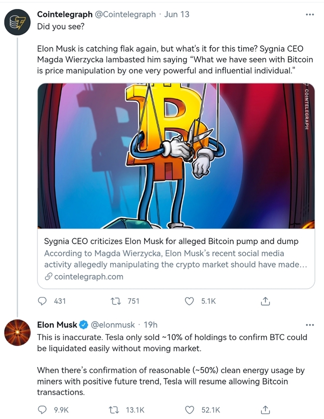 ราคา BTC กลับมาสูงอีกครั้งหลัง Tesla อาจรับการจ่ายด้วย BTC อีกครั้ง 2 ราคา BTC กลับมาสูงอีกครั้งหลัง Tesla อาจรับการจ่ายด้วย BTC อีกครั้ง