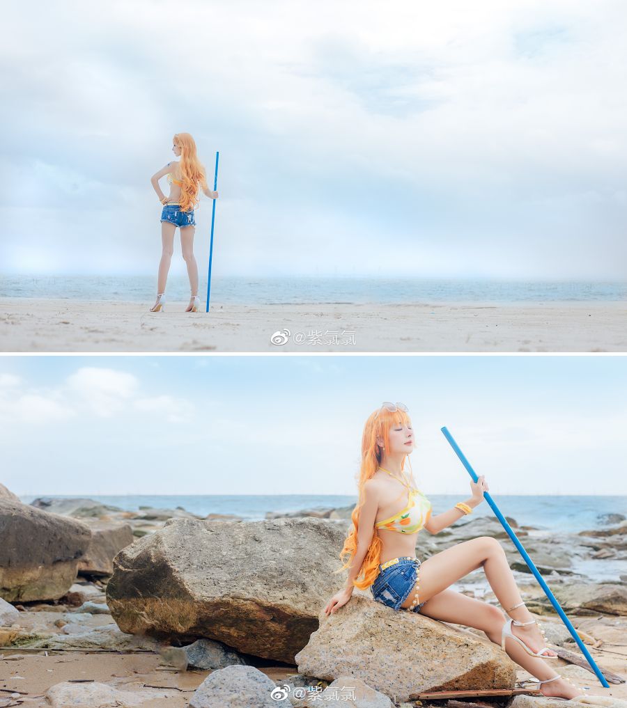 คอสเพลย์ Nami จาก ONE PIECE ในชุดส้มสดใส