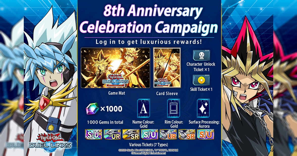 YU-GI-OH! DUEL LINKS เฉลิมฉลองครบรอบ 8 ปีด้วยเพชรฟรี การ์ดไอคอนิก และอื่น ๆ อีกมากมาย 1 YU-GI-OH! DUEL LINKS เฉลิมฉลองครบรอบ 8 ปีด้วยเพชรฟรี การ์ดไอคอนิก และอื่น ๆ อีกมากมาย