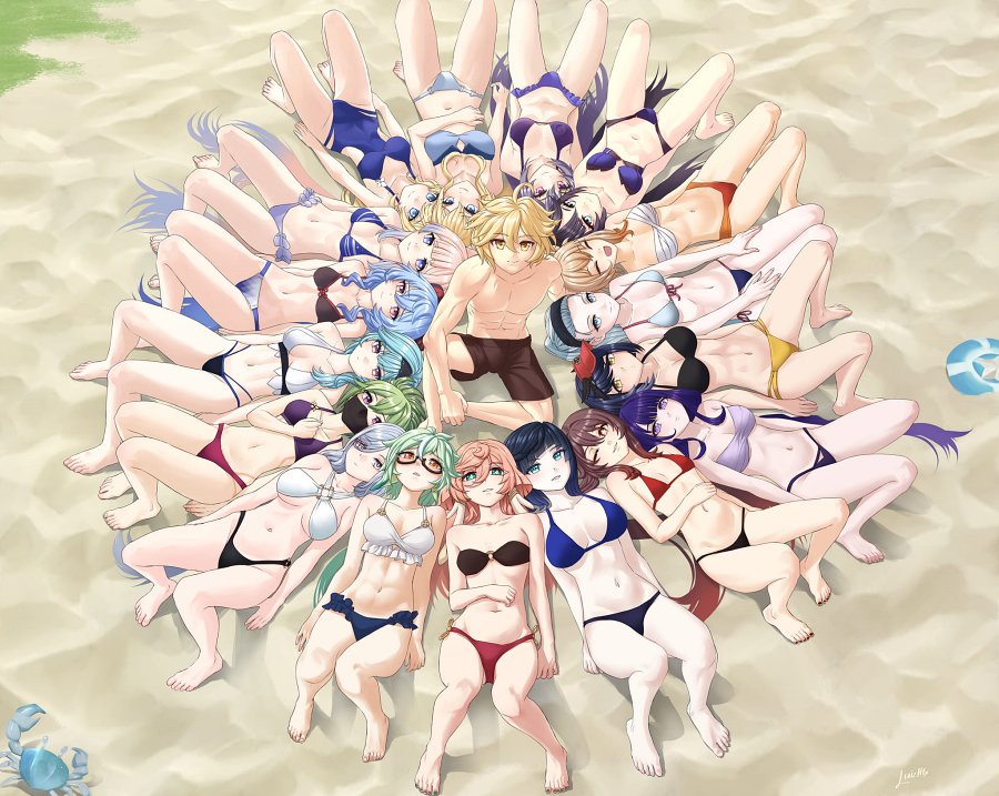แฟนอาร์ต Genshin Impact ฮาเร็มของ Aether บนชายหาด