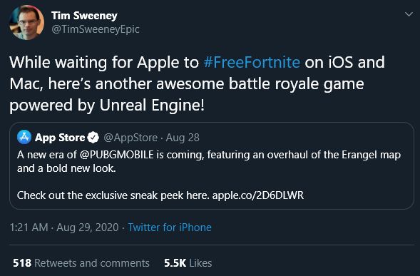 CEO Epic Games แอบแซว Apple หลังชวนให้คนมาเล่น PUBG