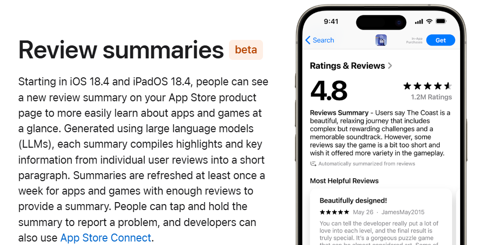 Apple ทดสอบการสรุปรีวิวด้วย AI ภายใน App Store 2 apple-app-store-ai-review-summarize