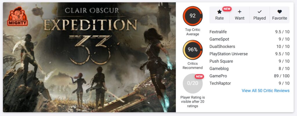 รวมคะแนนรีวิว Clair Obscur: Expedition 33 จากสื่อนอก 2 Clair Obscur Expedition 33 Opencritic Score