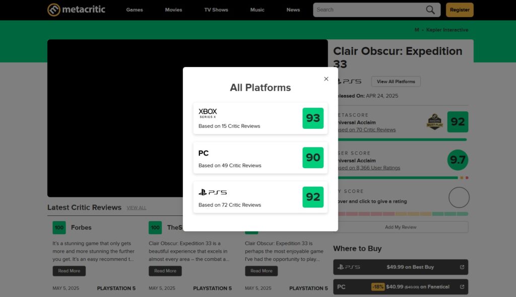 Clair Obscur: Expedition 33 ขึ้นแท่นเกมคะแนนรีวิวดีที่สุดของ Metacritic 2 Clair Obscur: Expedition 33 Metacritic Champ
