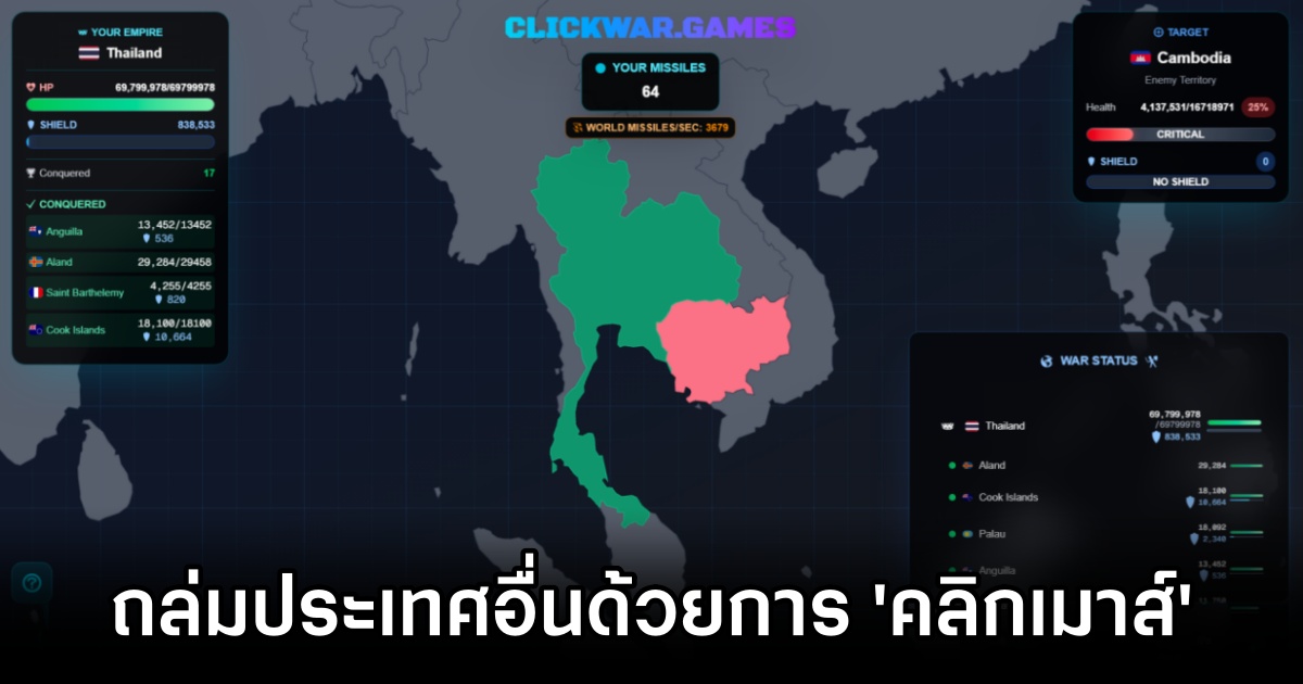Clickwar เกมบนเว็บบราวเซอร์ที่ผู้เล่นจะได้ถล่มประเทศอื่น ๆ ด้วยการ 'คลิกเมาส์' 1 Clickwar Browser Nation Attack