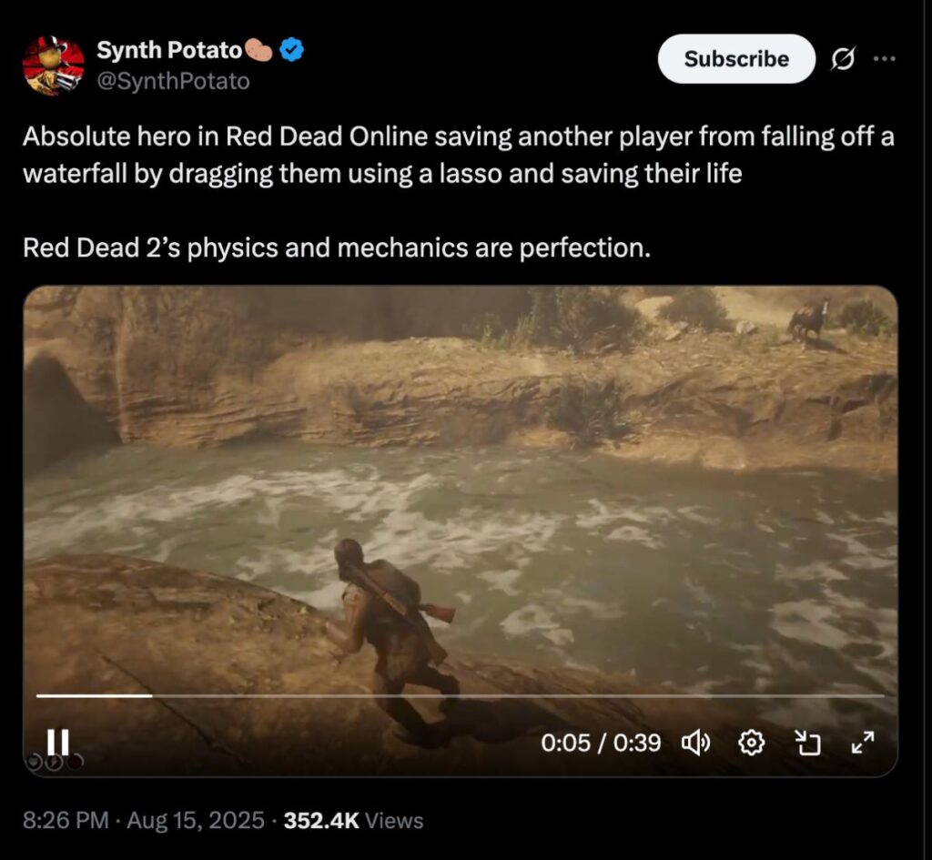 ผู้เล่นใช้บ่วงช่วยคนแปลกหน้าจากน้ำตกใน Red Dead Online สำเร็จ