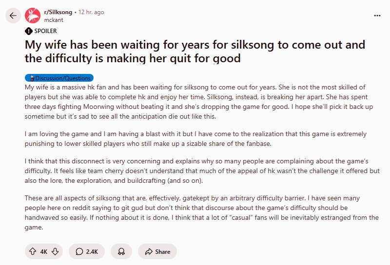 แฟนเกม Hollow Knight: Silksong เผย 'ภรรยารอเกมนี้มานาน แต่สุุดท้ายเล่นได้แปปเดียวก็เลิกเพราะยากเกินไป' 2 Silksong ,Hollow Knight, Hollow Knight: Silksong,