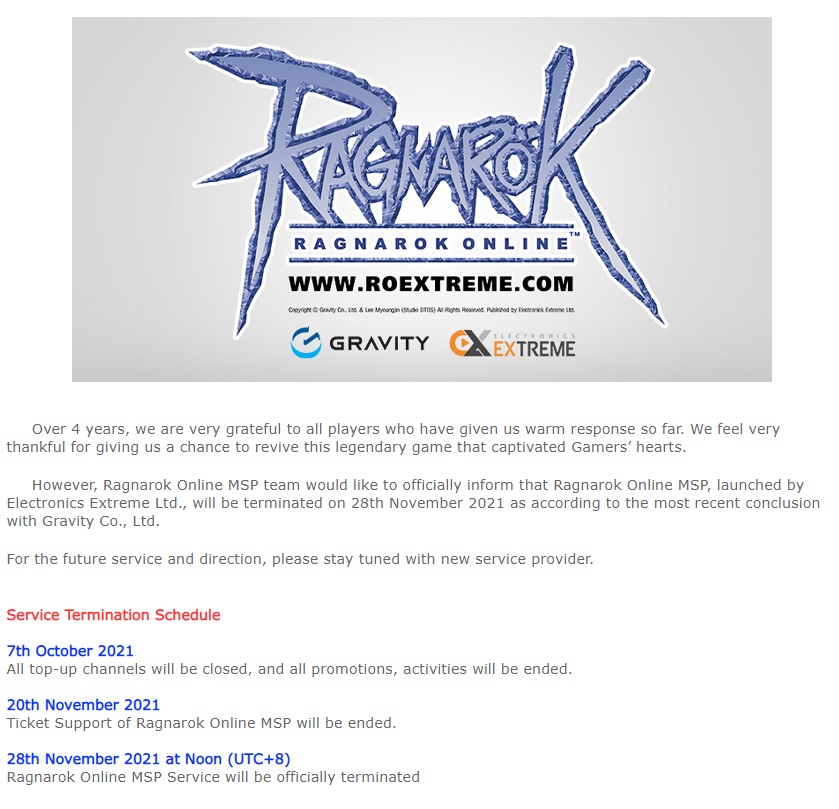 Ragnarok Online MSP ประกาศยุติการให้บริการ