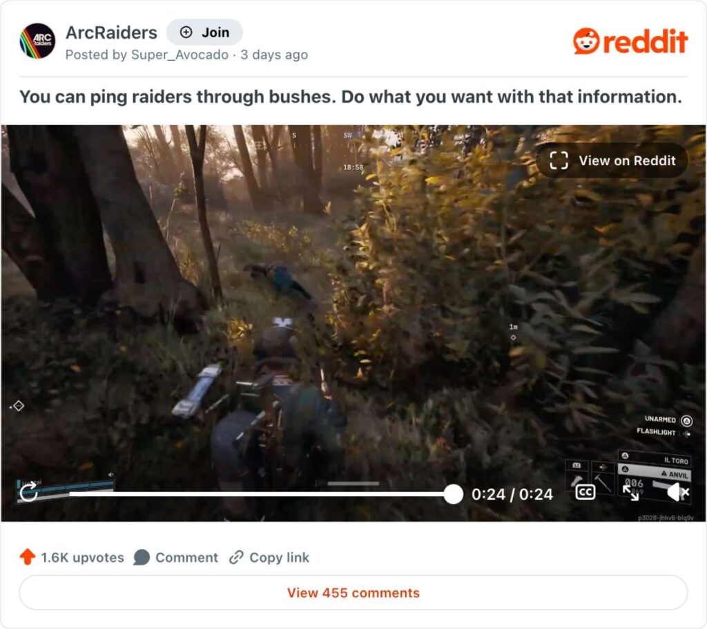 ผู้เล่นพบสูตรโกงมองทะลุพุ่มหญ้าในเกม ARC Raiders 2 ผู้เล่นพบสูตรโกงมองทะลุพุ่มหญ้าในเกม ARC Raiders